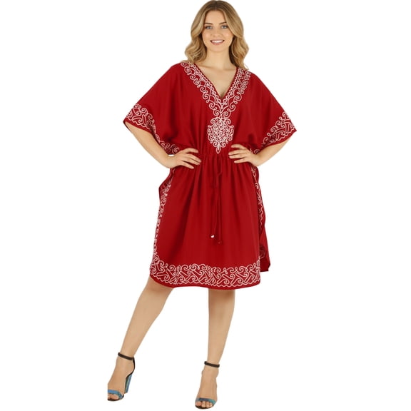 HAPPY BAY Women's Casual Dress Tunic Ladies Cover Ups for Swimwear Women Summer Caftan Beach Bikini Mini Kaftans for Women 3X-4X Red, Solid
