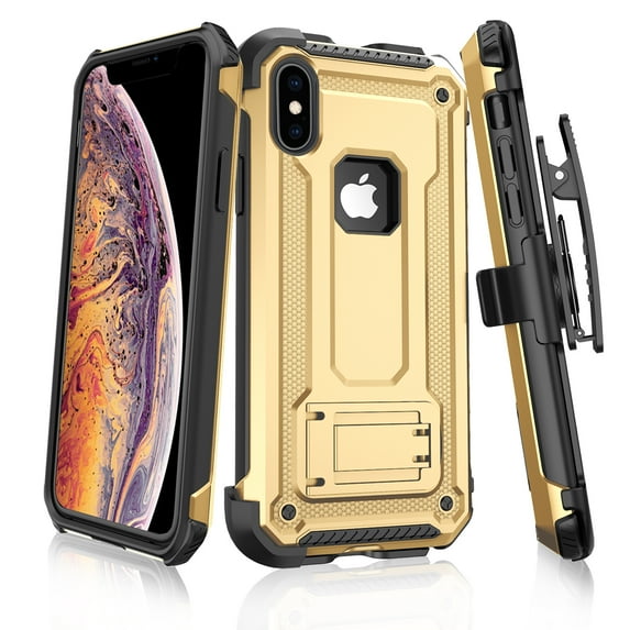 TJS Apple iPhone Xs MAX 2018 Case, 360° Belt Clip Holster Dual Layer Hybrid Shock Absorbing Resist Kickstand Armor Phone Case Cover (Gold)