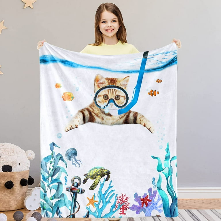 Funny Cat Animals Throw Blanket, Soft Plush Teal Blue Sea Ocean