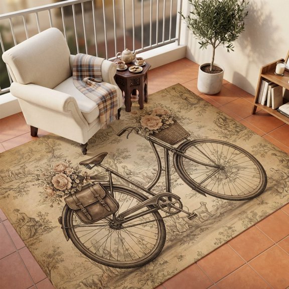 Area Rugs 5'x7', Romantic Roses Florals Carpet Runner Indoor Outdoor Rugs Home Decor Aesthetic, Vintage Bicycle Trees Rural Scene Non Slip Mats Washable Accent Rug for Living Room Bedroom
