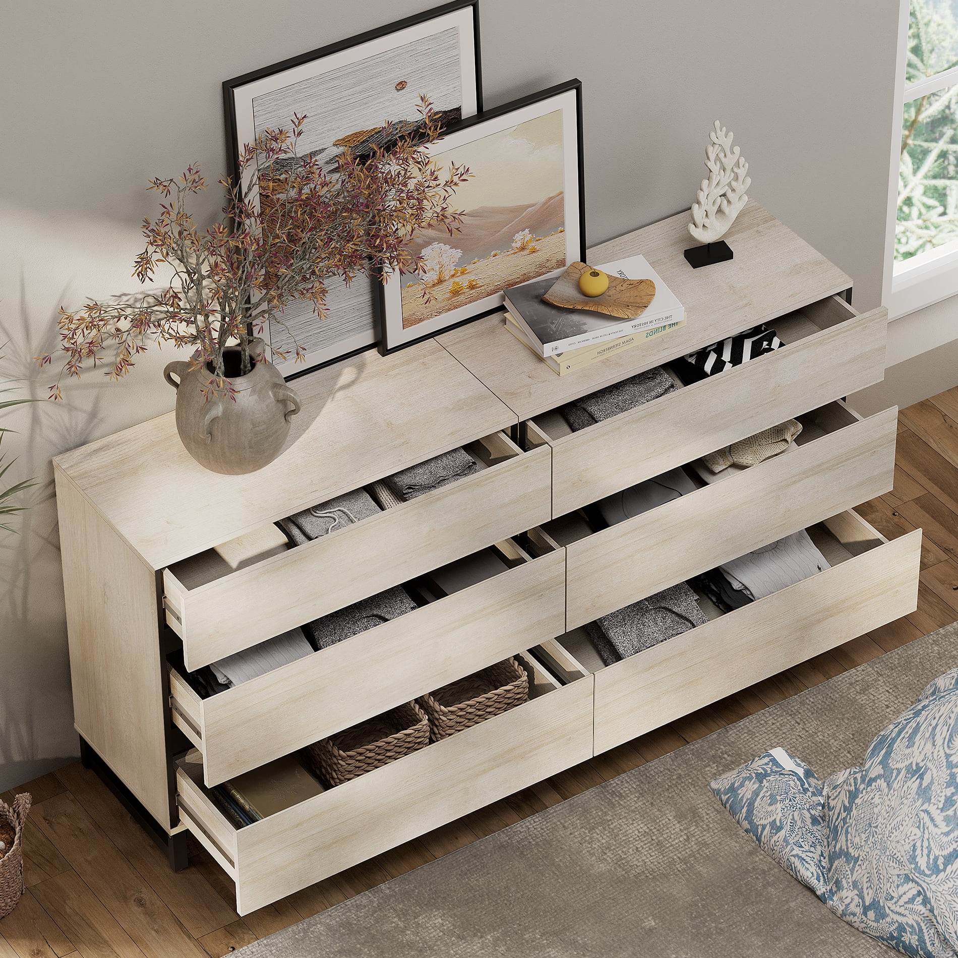WAMPAT Modern TV Stand for TVs up to 70 inch, Entertainment Center TV Console Table with 6 Drawers and Metal Base, Media Console for Living Room, Bedroom, Light Oak