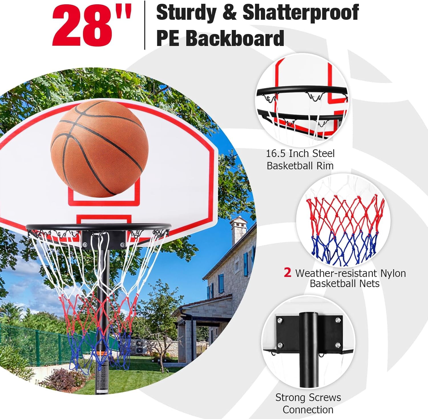 Portable Basketball Hoop, 7.1FT-8.1FT Height Adjustable Basketball Goal System with 28" Shatterproof Backboard, 2 Nets,16.5" Rim, Wheels, Indoor Outdoor Basketball Stand for Kids Teens Adults