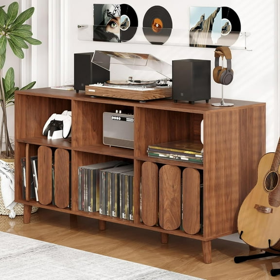 55" Large Record Player Stand | Mid-Century Modern Wood Media Console with Charging Station | Vinyl Record Storage Cabinet with 2 USB Ports, Open Shelves & Turntable Holder for Living Room