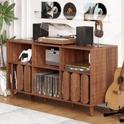 55" Large Record Player Stand with Charging Station - Vinyl Record Storage Cabinet with 2 USB Ports, Open Shelves & Turntable Holder, Mid-Century Modern Wood TV Media Console for Living Room