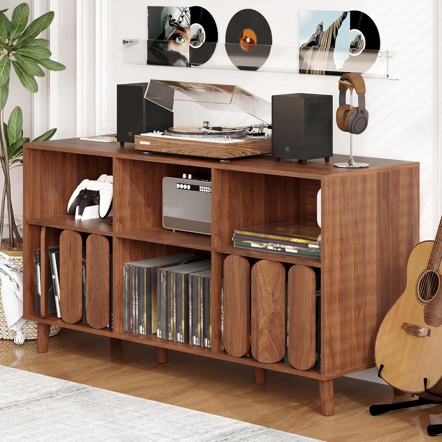 55" Large Record Player Stand with Charging Station - Vinyl Record Storage Cabinet with 2 USB Ports, Open Shelves & Turntable Holder, Mid-Century Modern Wood TV Media Console for Living Room