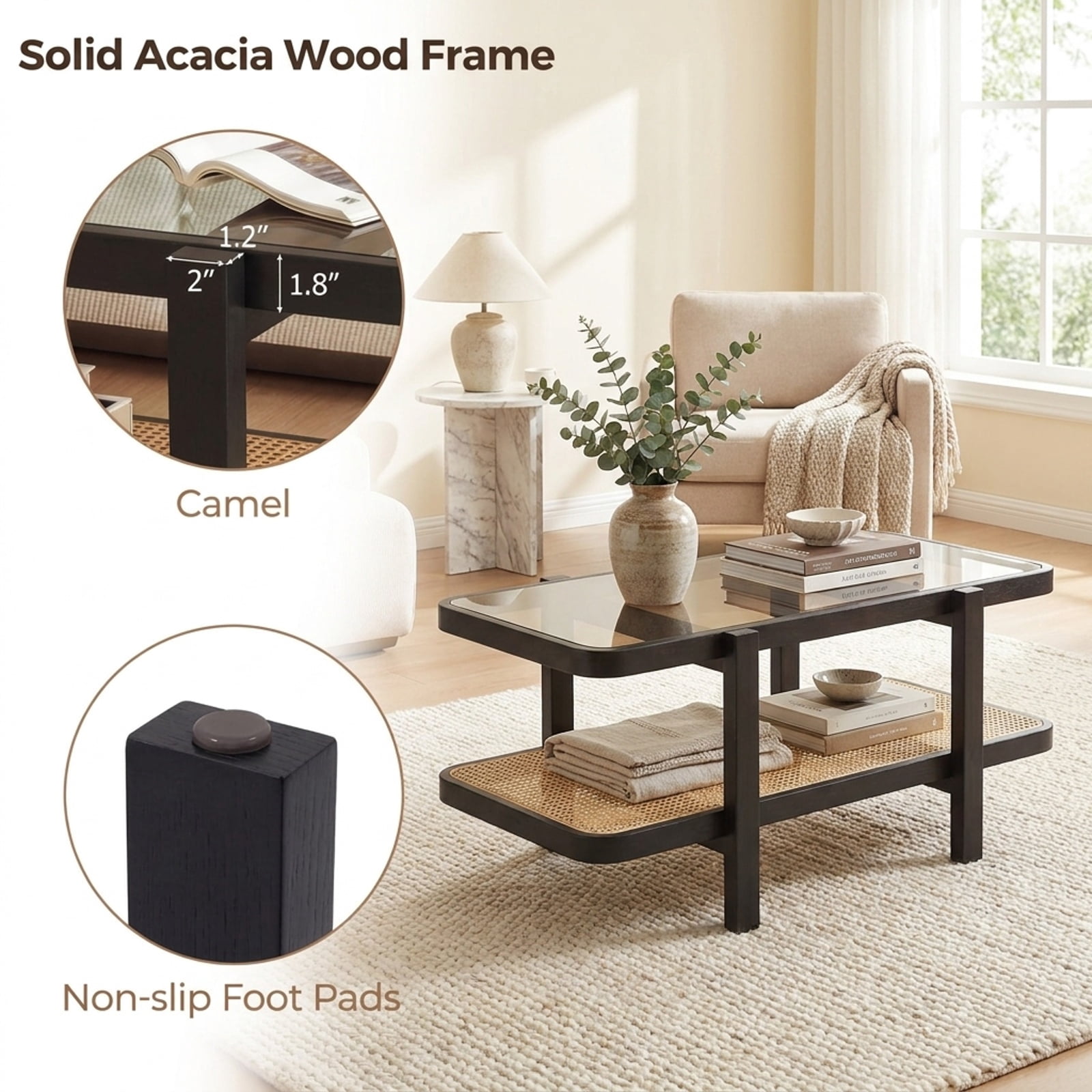 Furnibear 2 Tier Coffee Table with Acacia Wood Frame Tempered Glass Tabletop and Rattan Storage Shelf for Living Room, Brown