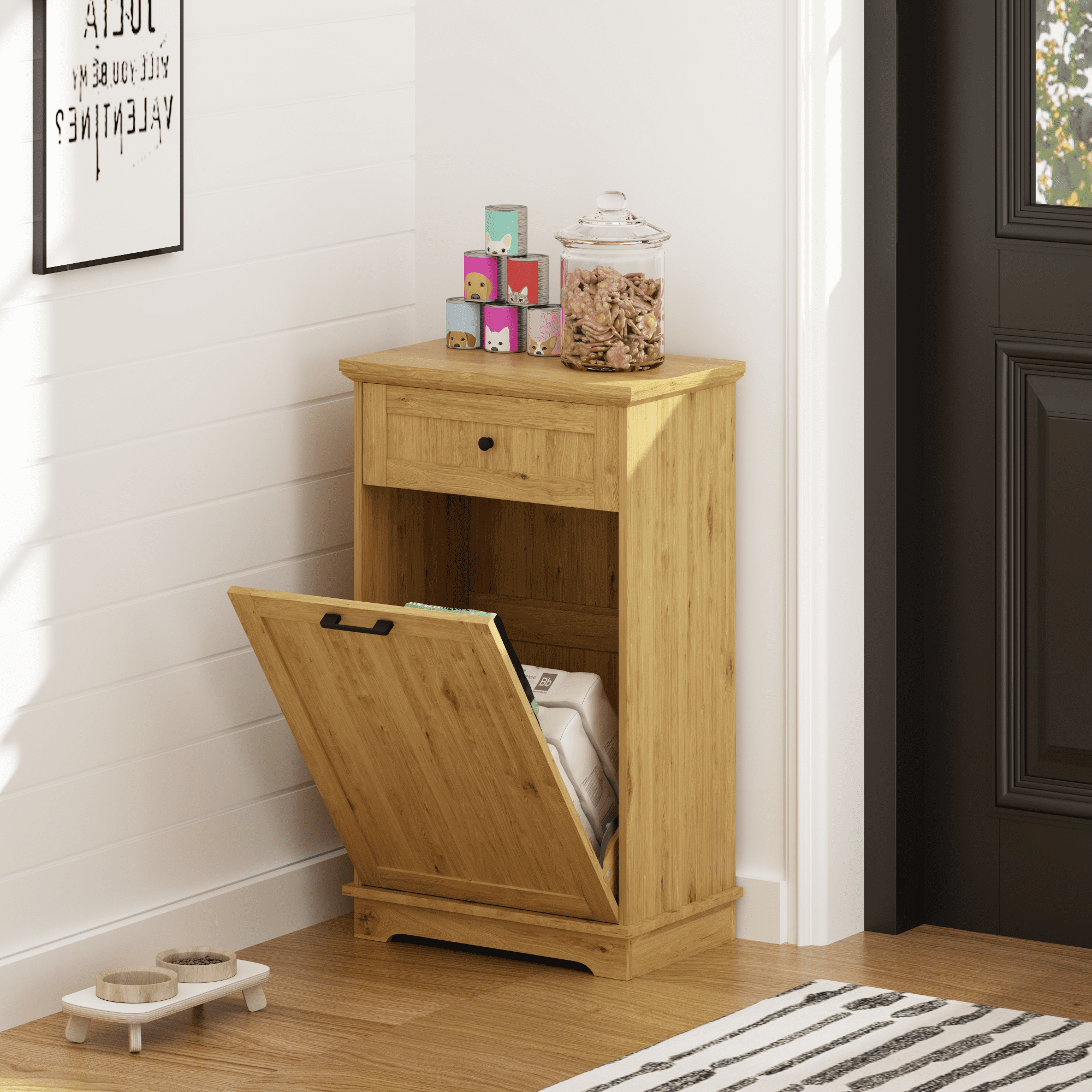 10 Gallon Tilt Out Trash Cabinet Freestanding Trash Bin Cabinet Wood Garbage Recycling Cabinet with Hideaway Drawer Pet Proof Trash Can Holder for Kitchen Living Room, Natural (not include can)