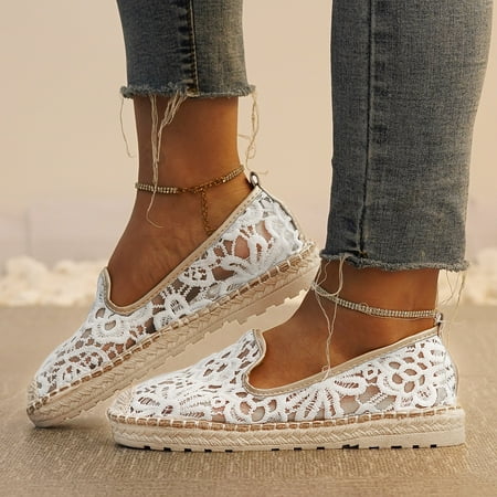 

PhoneSoap Women Shoes Flat Loafers Solid Lace Flower Slip On Mesh Ladies Casual Sneakers White