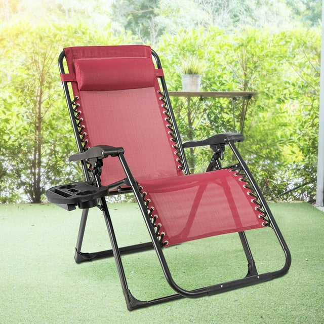 Gymax Folding Zero Weighted Lounge Chair Recliner w/ Cup Holder Tray Pillow Red