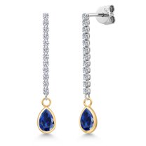 Gem Stone King 14K Two Tone Gold Blue Created Sapphire and Lab Grown Diamond Earrings for Women | 2.36 Cttw | Gemstone September Birthstone | Pear Shape 7X5MM