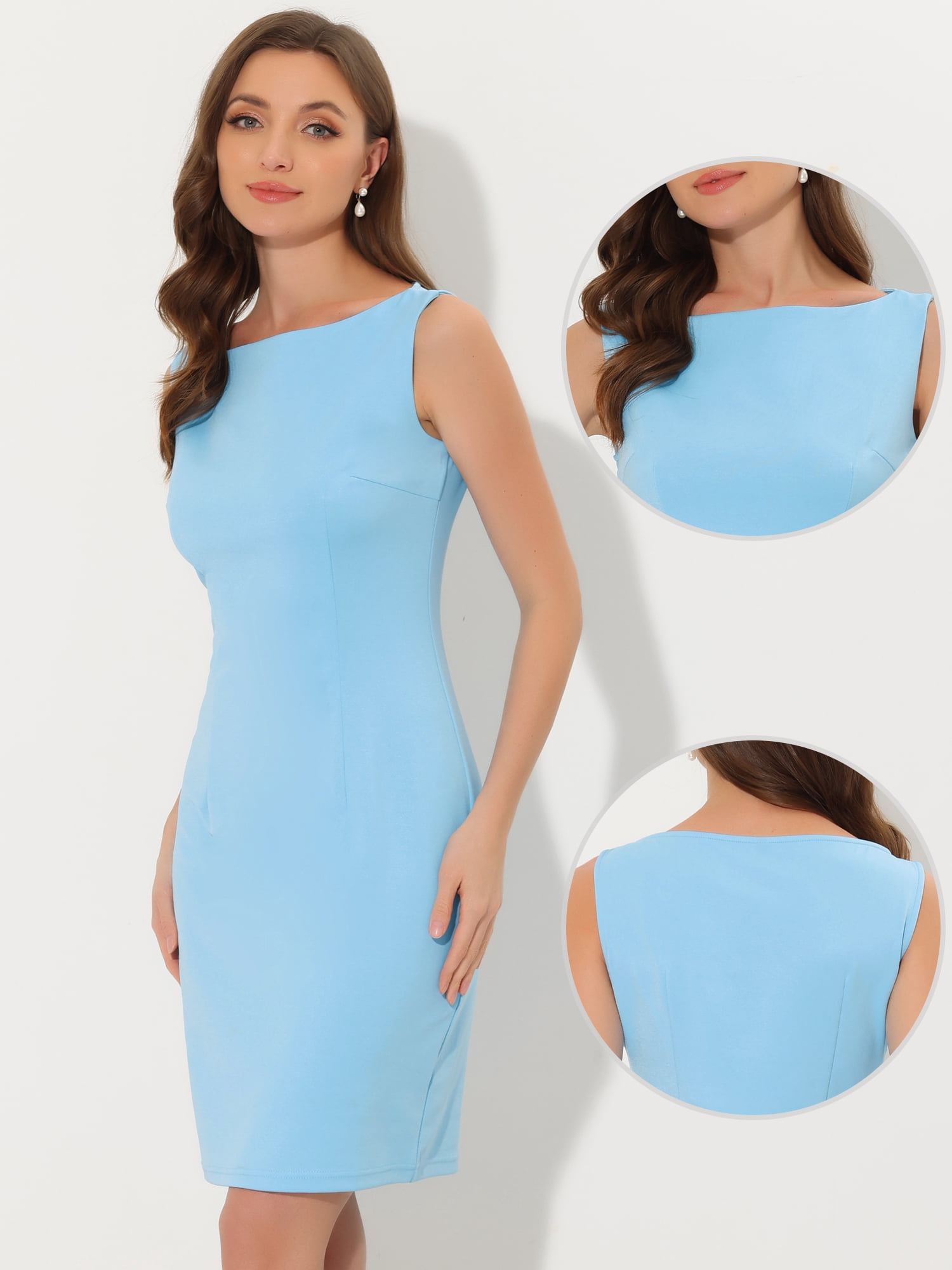 Unique Bargains Sleeveless Sheath Dress Women's Boat Neck Casual Office Dresses S Light Blue