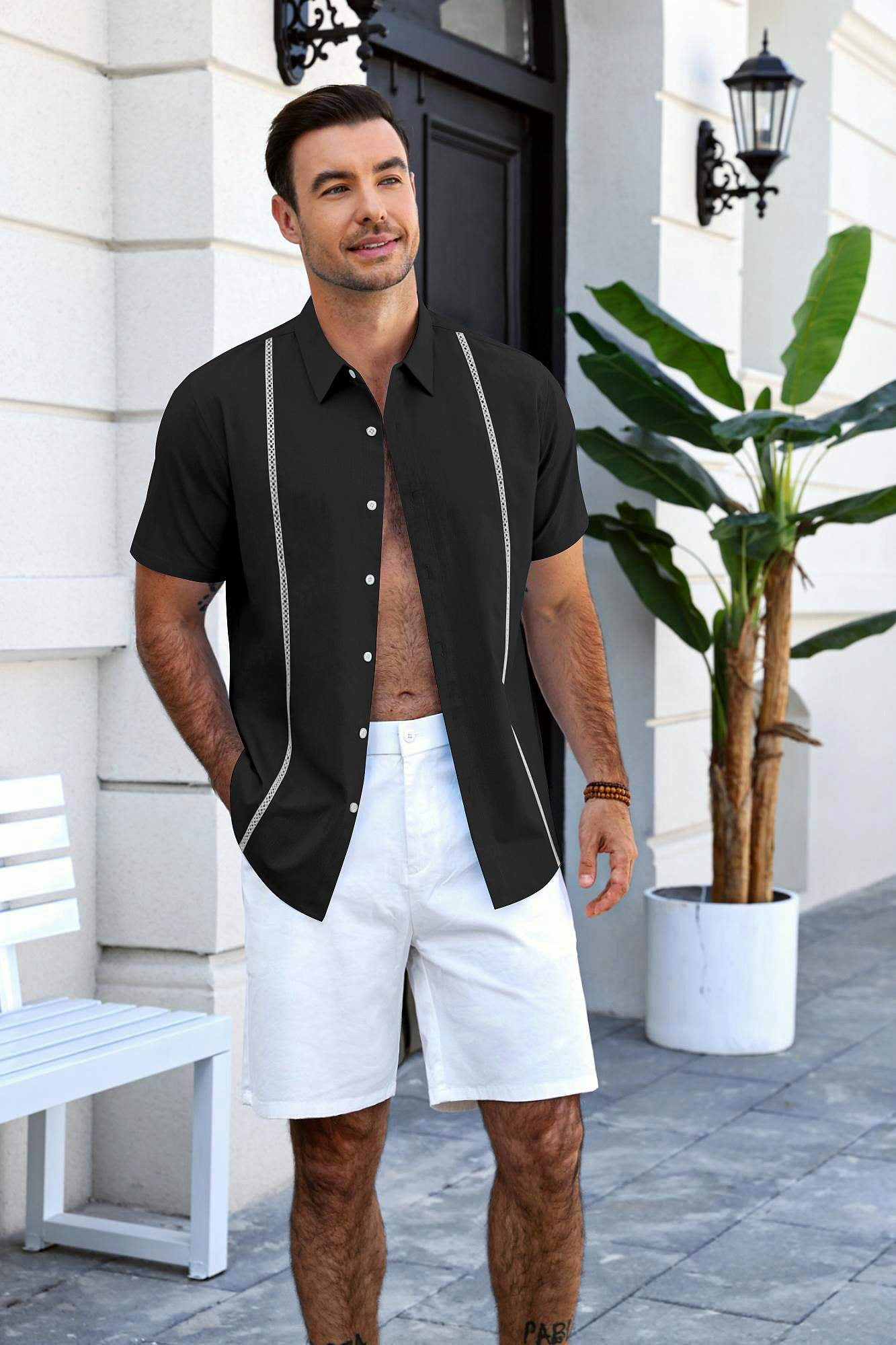 COOFANDY Men's Relaxed Fit Button-Up short Shirt with Decorative Stripes - Casual and Office Wear