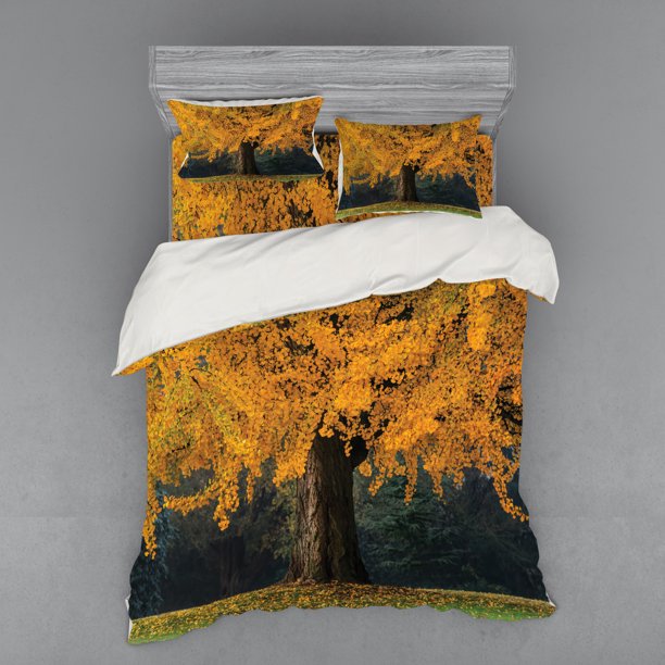 Tree Duvet Cover Set, Old Tree with Leaves During Fall Evergreen Forest