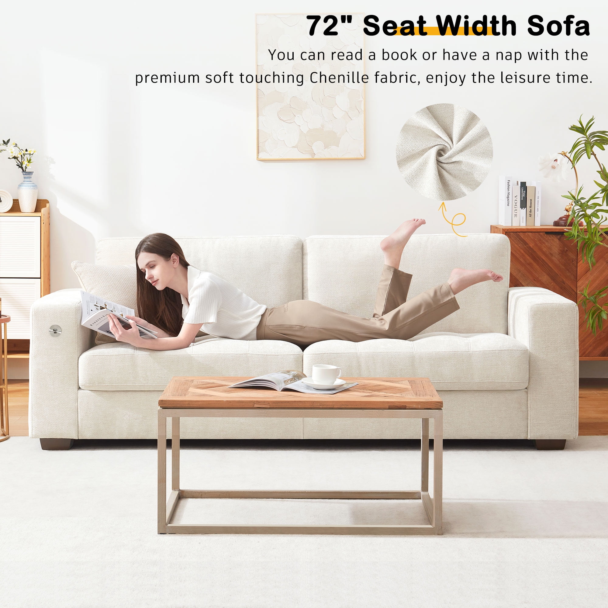 Bedluxury 89" Deep Sofa Couch with USB/Type-C Charging, Storage Pocket & Wide Armrest, Removable Cover, Seats 3 Adults, Chenille Beige