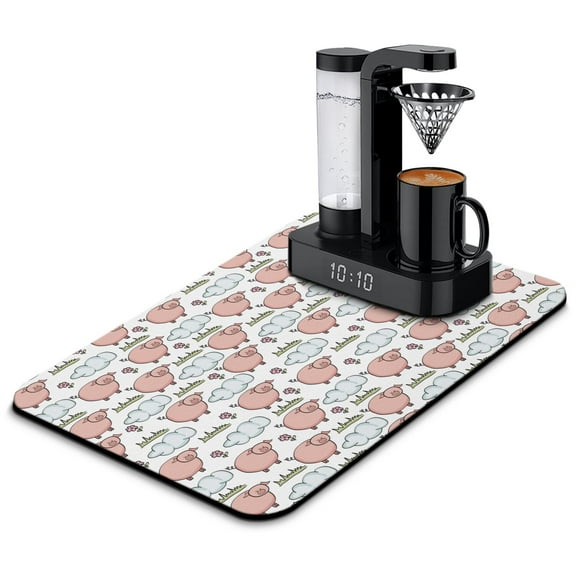 Pig and Moonlit Sky Coffee Maker Mat - 4-Layer Non-Slip Mat for Kitchen Counter, Farm Animal Design