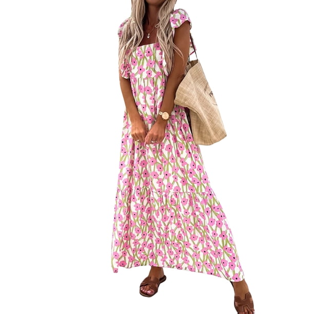 VISgogo Vestido largo de verano floral para mujer, manga con volantes, corte bajo, línea A, vestido de playa bohemio VISgogo moda