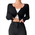 thumbnail image 3 of Cárdigan Corto con Botones Al Frente y Ribete de Lechuga para Mujer, Informal, Ajustado, de Larga, con Cuello Redondo, de Punto. Negro S, 3 of 10
