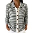 thumbnail image 2 of Cardigan Sweaters for Women Striped Button Down Lapel Collar Long Sleeve Sweater Casual Fall Tops for Women Black L, 2 of 5