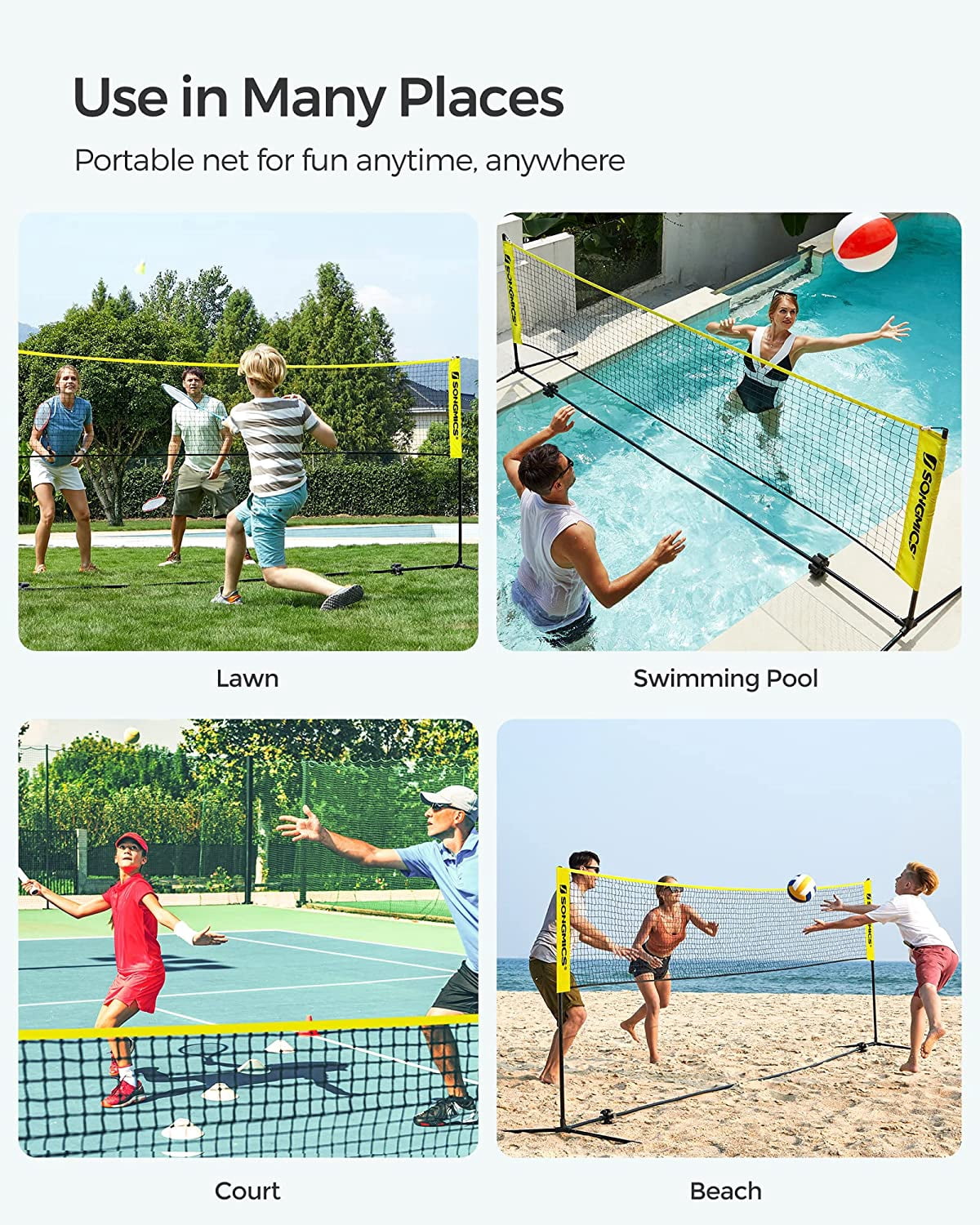 SONGMICS Badminton Net Set Portable Sports Set for Badminton Tennis Kids Volleyball Pickleball Easy Setup Nylon Net with Poles for Indoor Outdoor Court,13FT