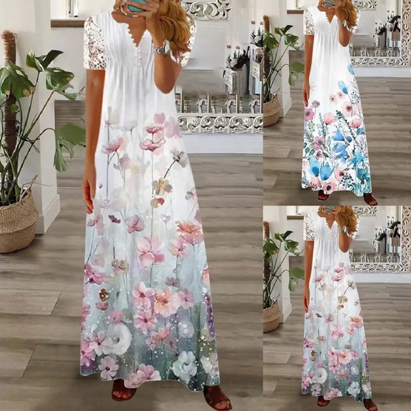 Azrian Plus Size Dresses,Womens Clothes Clearance,Women Casual V-Neck Short Sleeve Waist Buttons Printed Loose Dress Season Best Sell