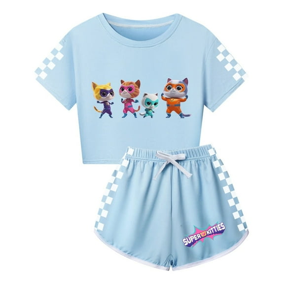 Kids SuperKitties Clothes Set – Girls Short Sleeve Tee and Shorts – Stylish Summer Wear