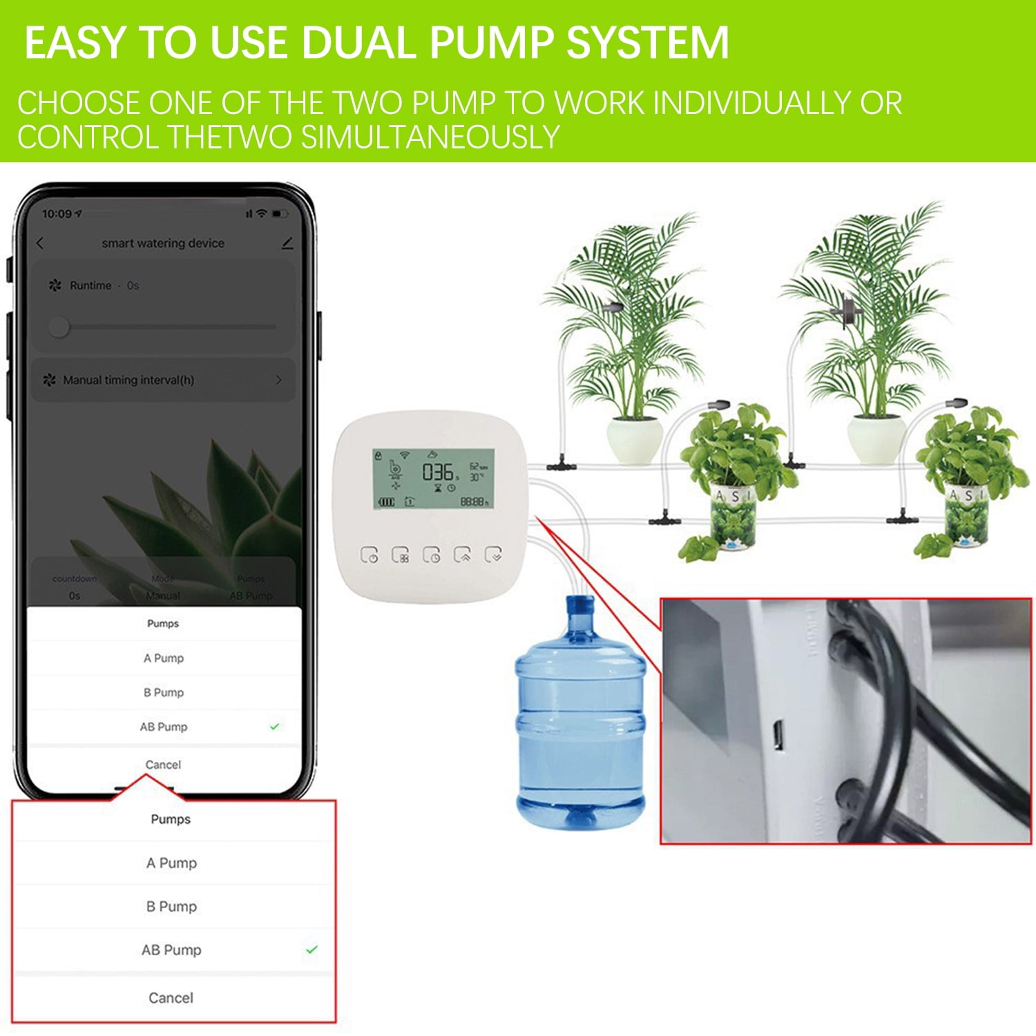 Fylecen Drip Irrigation System, 2 Pumps for Zone Watering, Programmable Weekly Timer, 20 Adjustable Drippers & 35FT Tubing