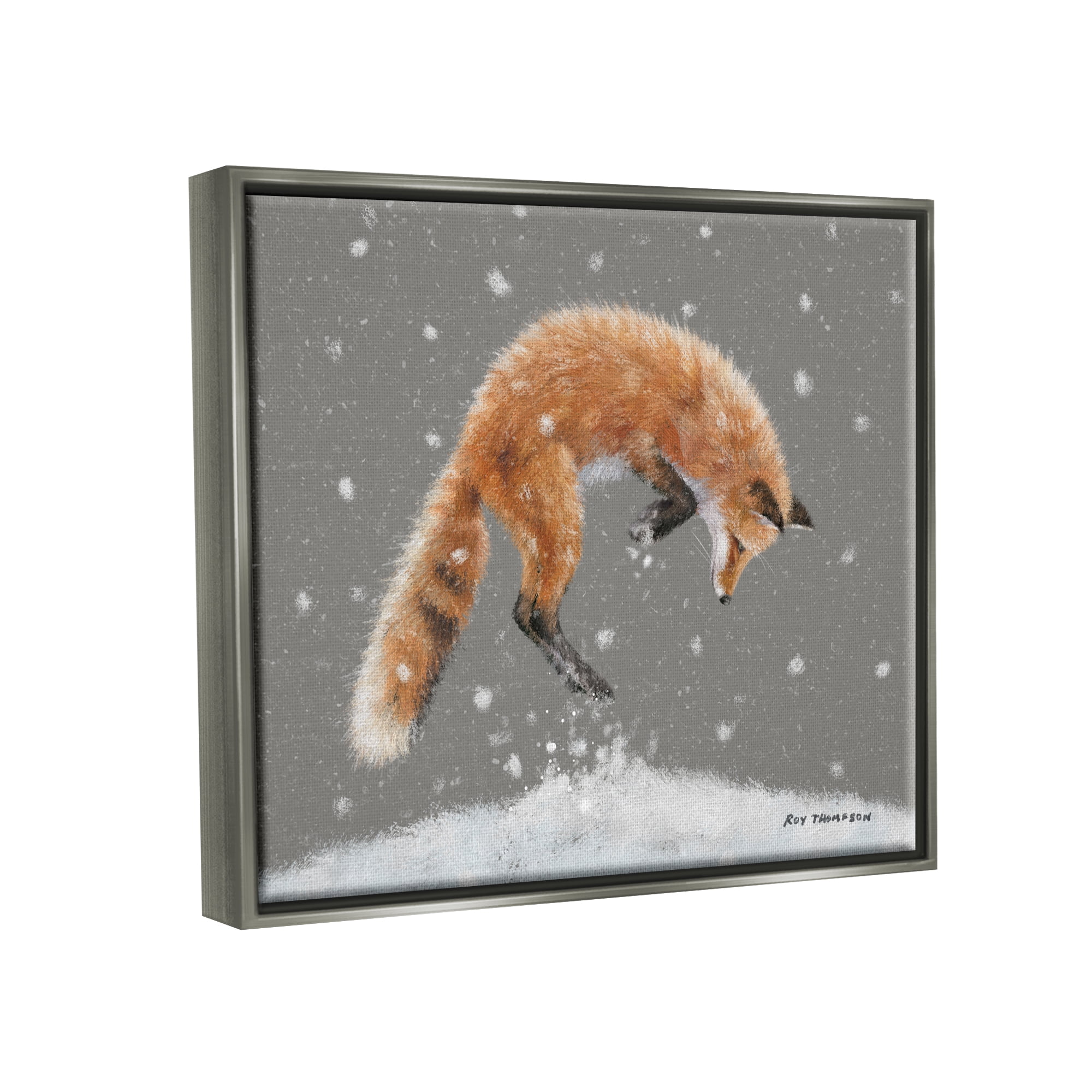 Stupell Industries Jumping Fox Winter Snowfall Holiday Painting Gray Floater Framed Art Print Wall Art