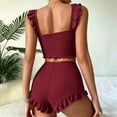 thumbnail image 4 of FRSASU 2 Piece Pajama Set for Women Ruffle Strap Ruched Sleeveless Ribbed Knit Cami Top and Ruffle Shorts Summer Loungewear Wine, 4 of 6