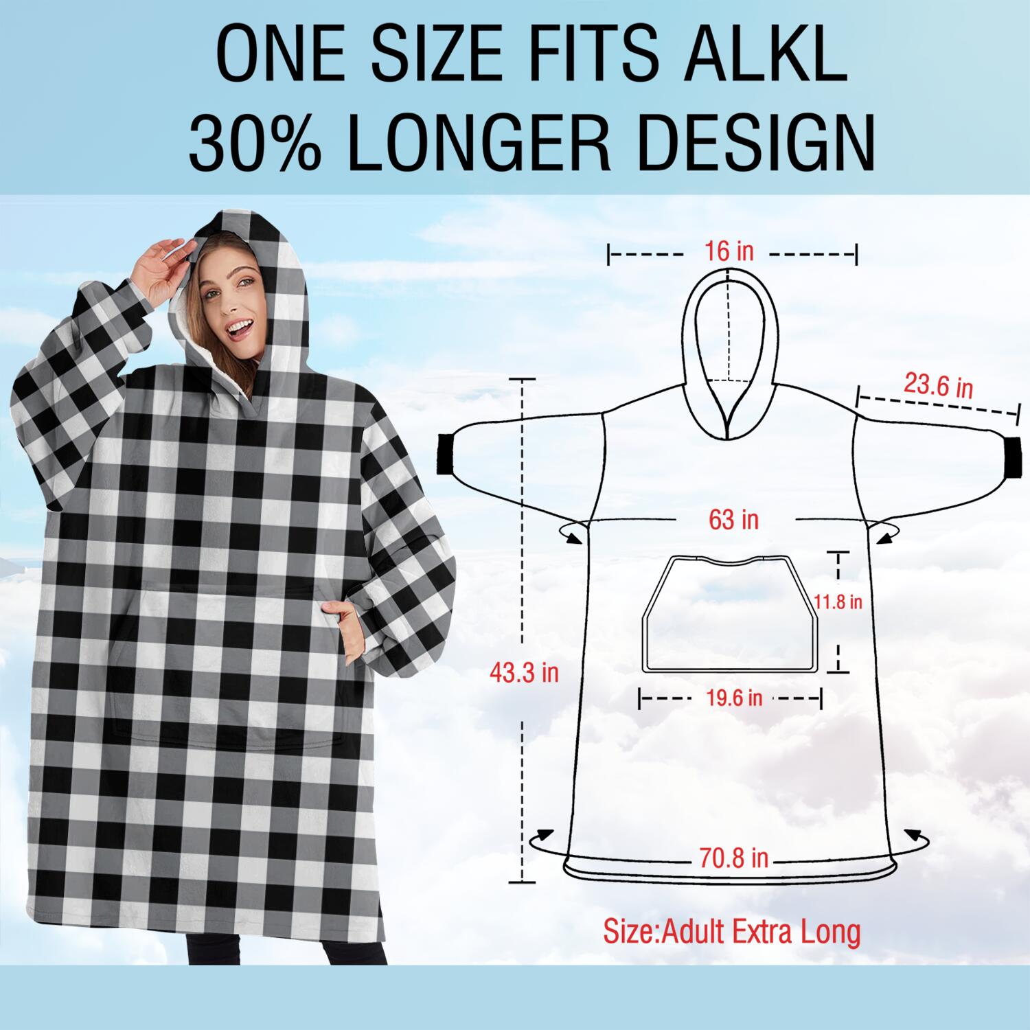 Oversized Wearable Blanket Hoodie,Black White and Gray Checkerboard Pattern Sherpa Blanket Hoodie with Super Pockets,Super Warm Fuzzy Pullover for Women & Men