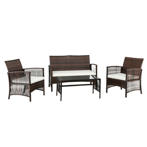 Patio Garden Wicker Bistro Conversation Sets, SEGMART 4 Pieces Outdoor Wicker Patio Furniture Set with Seat Cushions & Tempered Glass Coffee, Conversation Sets for Porch Poolside Backyard, S6057