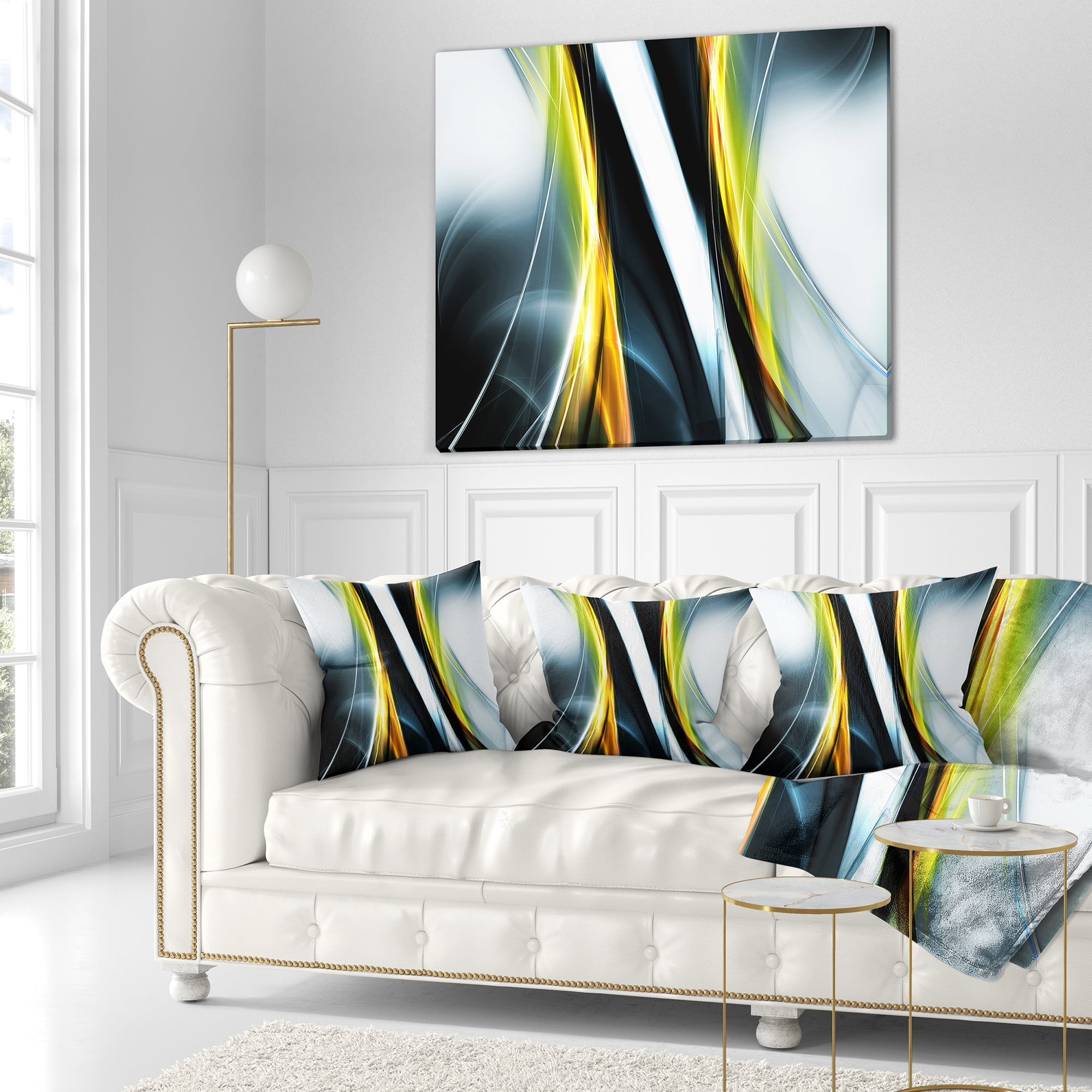 Designart Fractal Lines Yellow White - Abstract Throw Pillow - 16x16