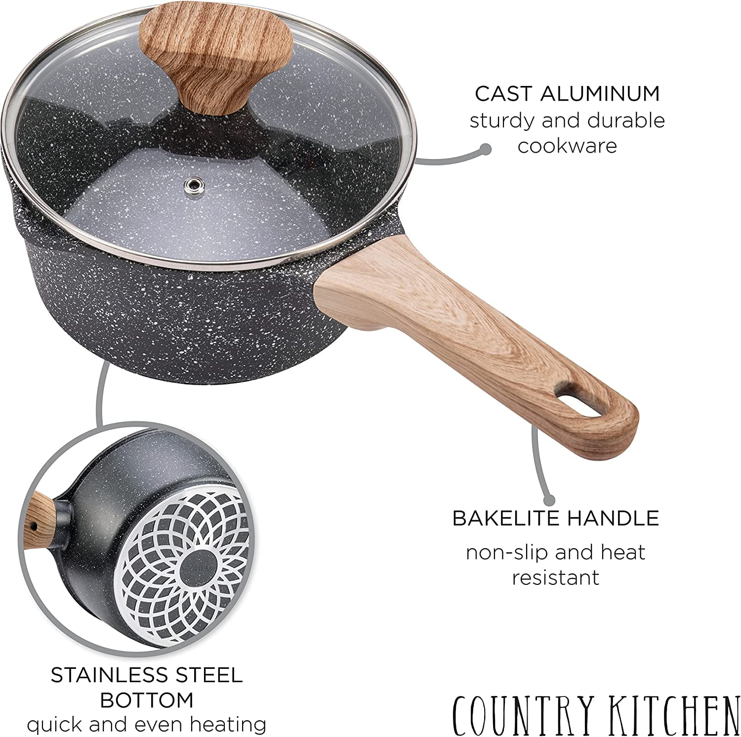 Country Kitchen Nonstick Induction Cookware Sets - 11 Piece Nonstick Cast Aluminum Pots and Pans with Bakelite Handles - Indu