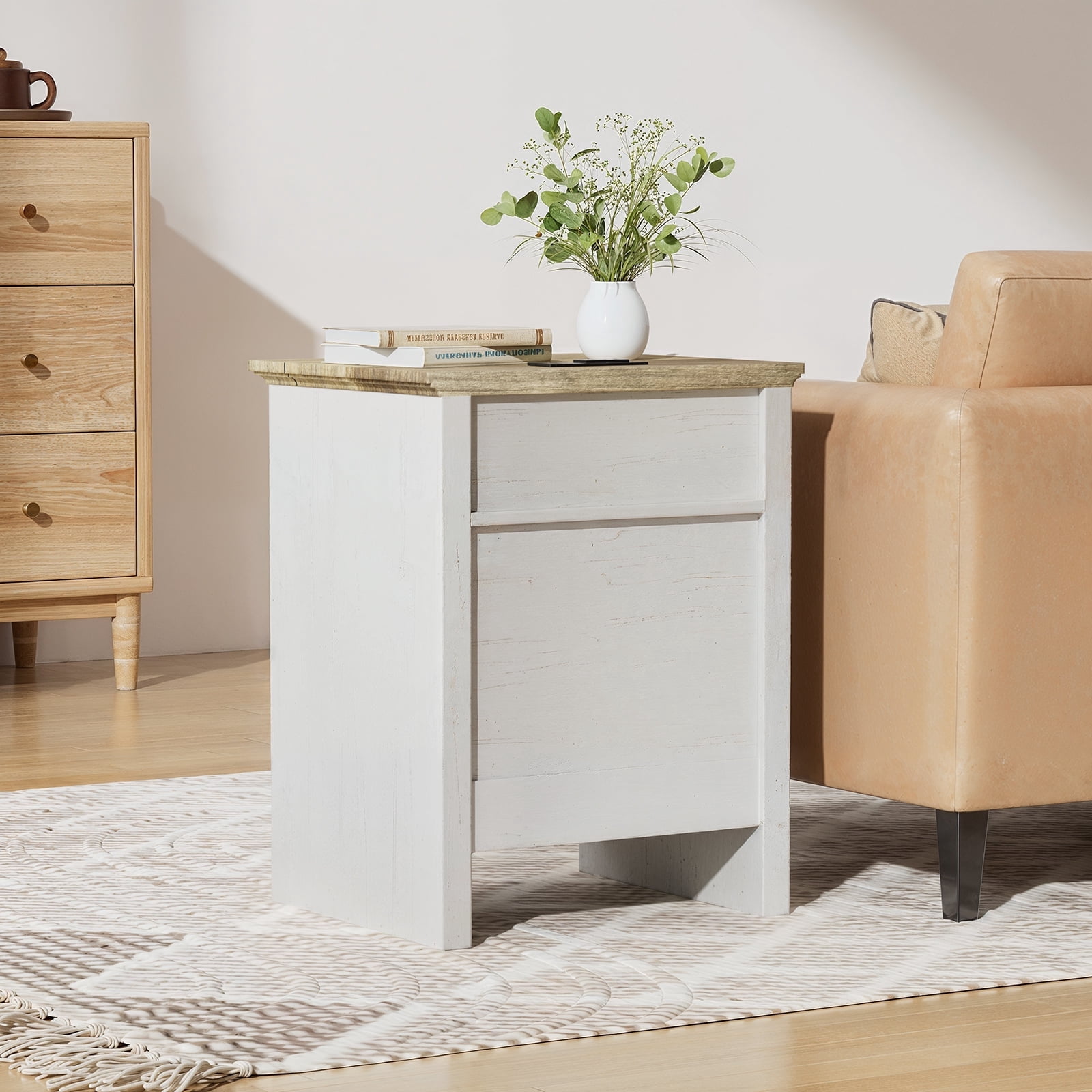 CHITOOMA Nightstand Set of 2 with Charging Station, 2-Drawer Farmhouse Bedside Table with Open Shelf, Small Wood End Table for Bedroom Living Room, White & Brown
