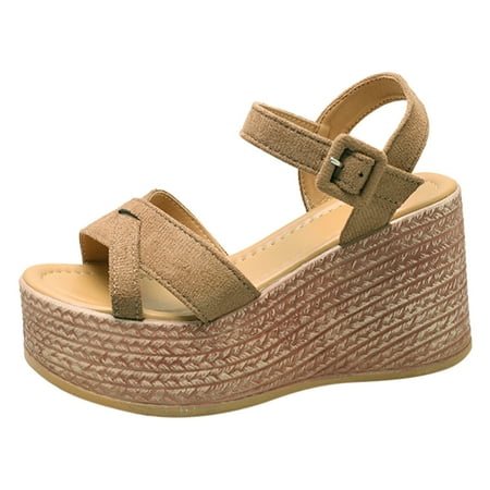 

LUOGENLI Female Summer Platform Sandals Women White Foam Ladies Simple Solid Colour Slope Heel Buckle Strap Fish Mouth Straw Bottom High Heel Large Size Sandals Orthopedic Sandals For Women Dressy.5