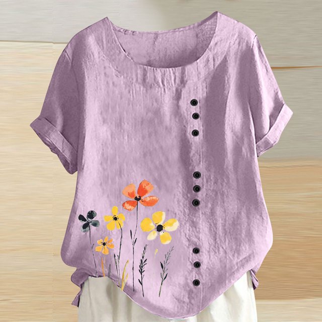 Amzcrzy Hauts pour Femmes Hauts d'Été pour Femmes T-Shirt d'Été pour Femmes à Col Rond à Manches Courtes Décontracté Mode Imprimé à Boutons T-Shirt T-Shirts pour Femmes Hauts à Manches Courtes pour Femme Hauts de Sortie pour Femmes