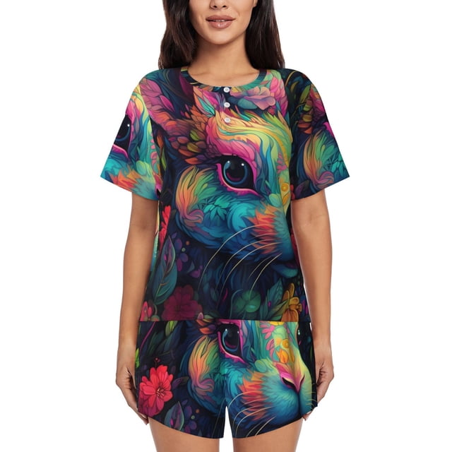 Fotbe Colorful Patterned Rabbit Conjunto de Pijama Estampado para Mujer, 2 Piezas, Ropa de Dormir con Camiseta de Manga Corta y Shorts Suaves-XX-Large