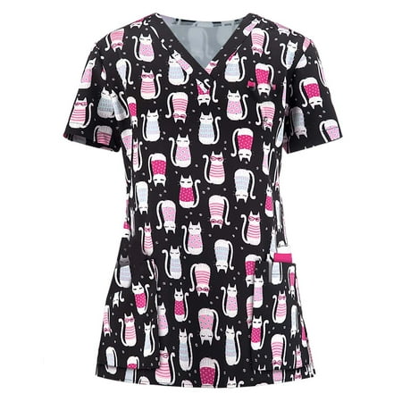 

Yyeselk Women Scrub Tops Graphic Print Stretchy V Neck Holiday T Shirt Short Sleeve Soft Lightweight Working Uniform Pocket Nursing Workwear T-Shirts Plus with Pockets Pink S