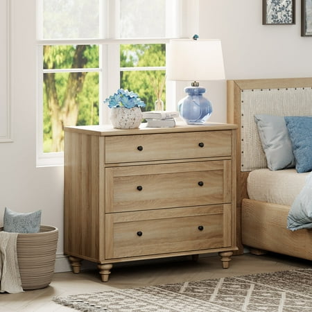 WAMPAT Farmhouse Nightstand with 3 Drawers Large Wood Bedside Table Night Stand Wide Sofa Side End Table 3 Drawers Chest of Dresser for Living Room Bedroom Oak 34 inch