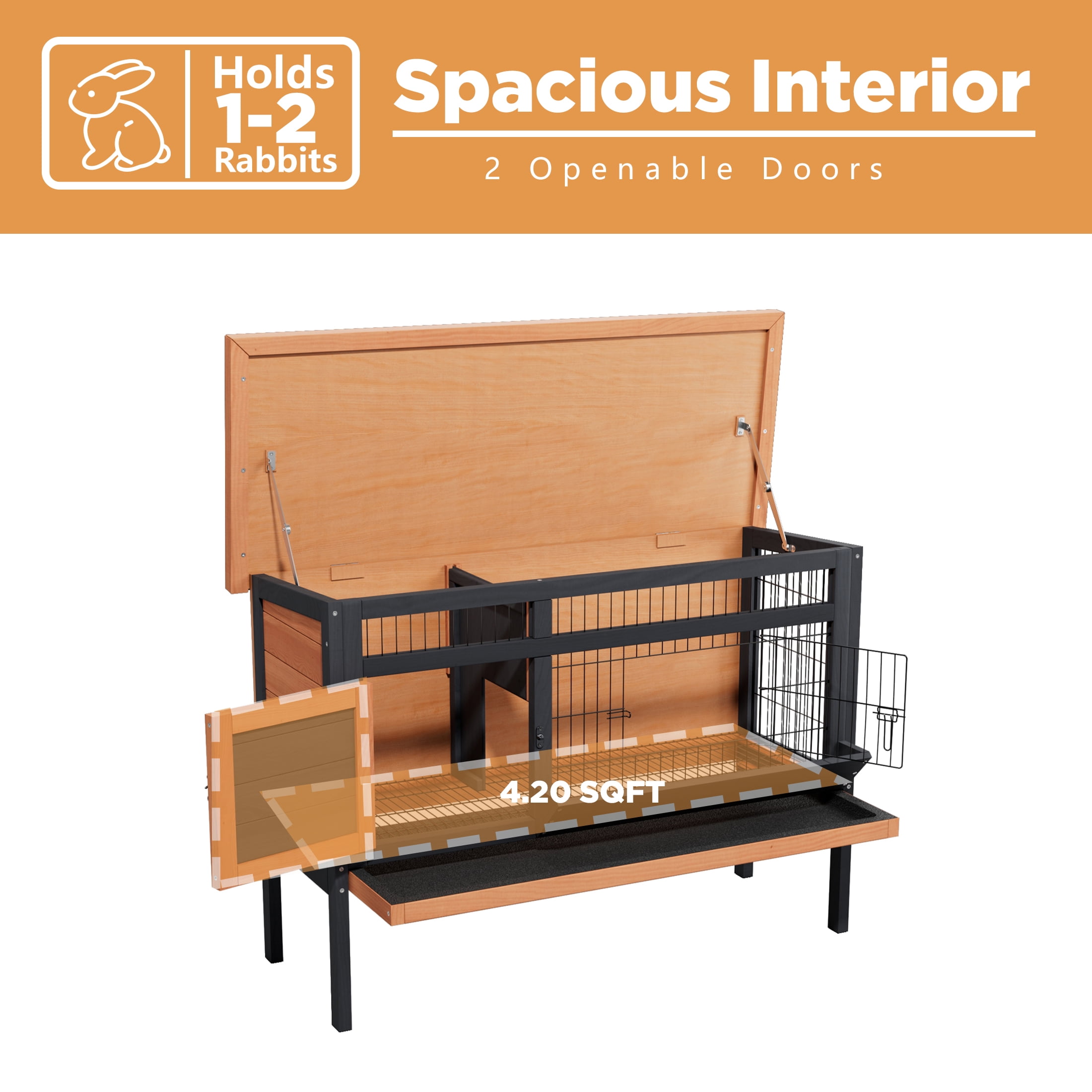 Weatherproof Elevated Rabbit Hutch with Metal Mesh Base, Removable Trays, Openable Roof & Feeding Trough, Orange & Black