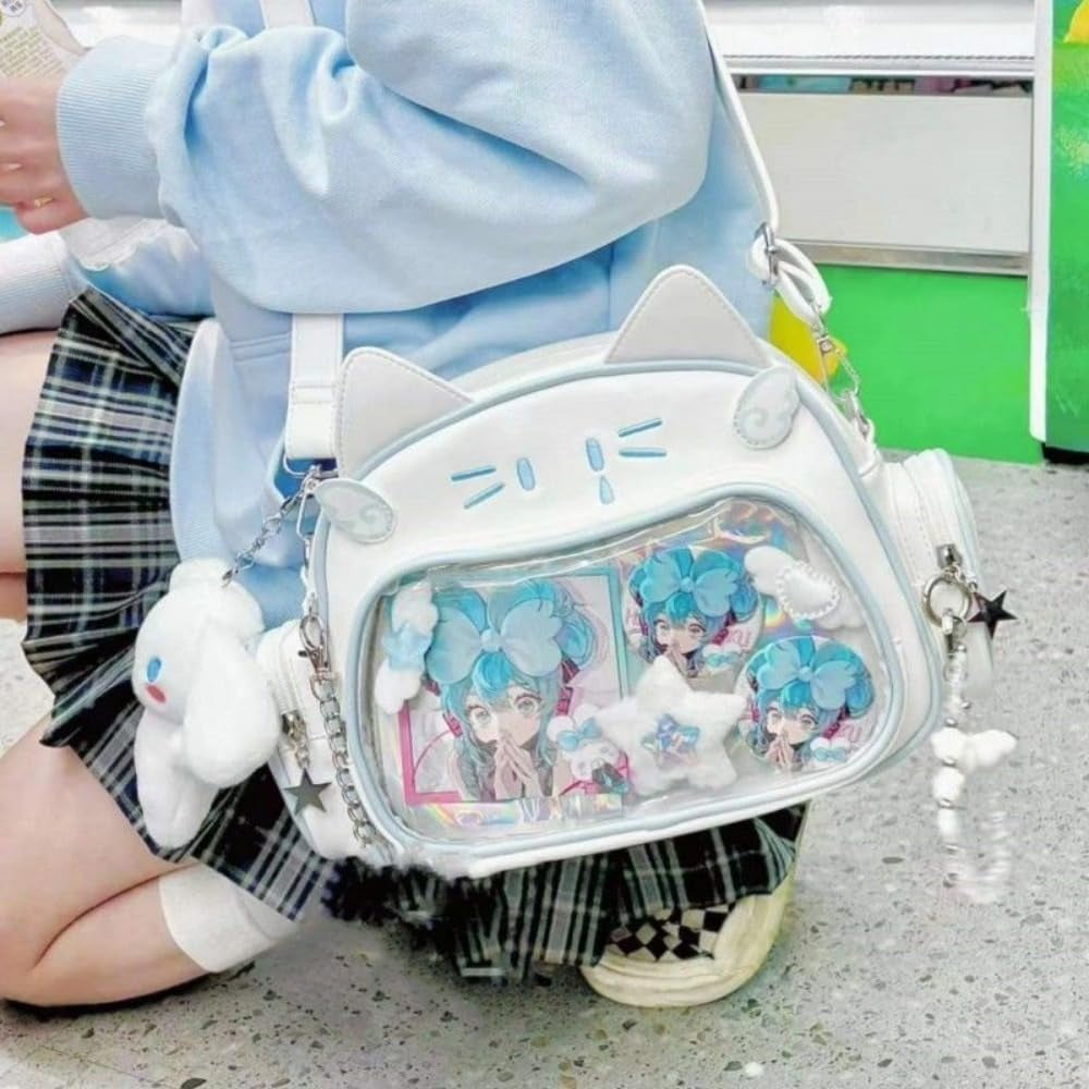 MMYGU Japanese Kawaii Bag Cat Ita Bag Cute Bags Pin Display Backpack Crossbody Purse for Women Y2K Shoulder Bag (Brown)