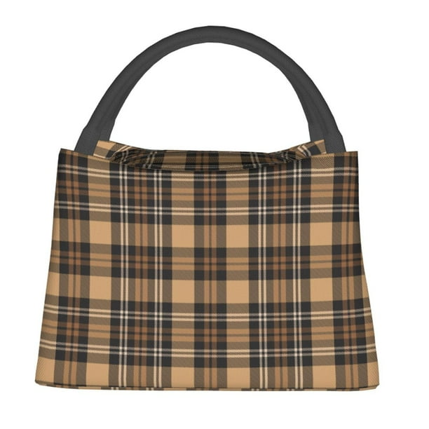 Easygdp khaki coffee plaid Bolsa de Almuerzo Insulada Reutilizable, Bolsa de Mano y Bandolera para Oficina, Trabajo, Viajes