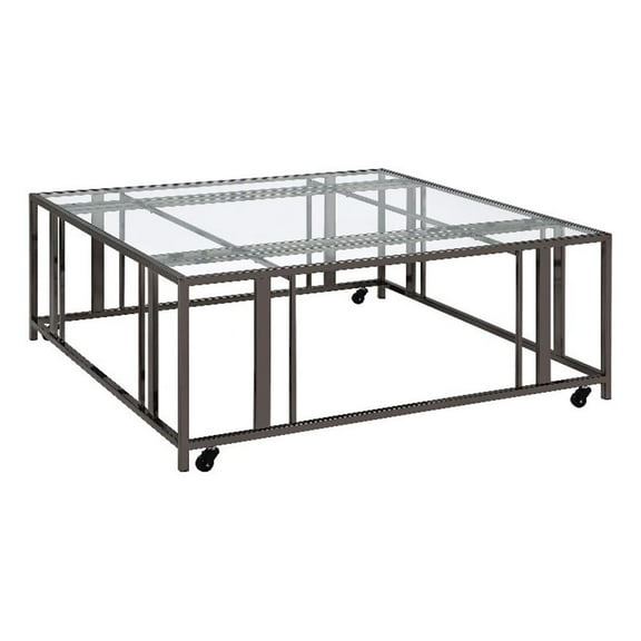 Pemberly Row Square Glass Top Coffee Table with Casters in Black Nickel