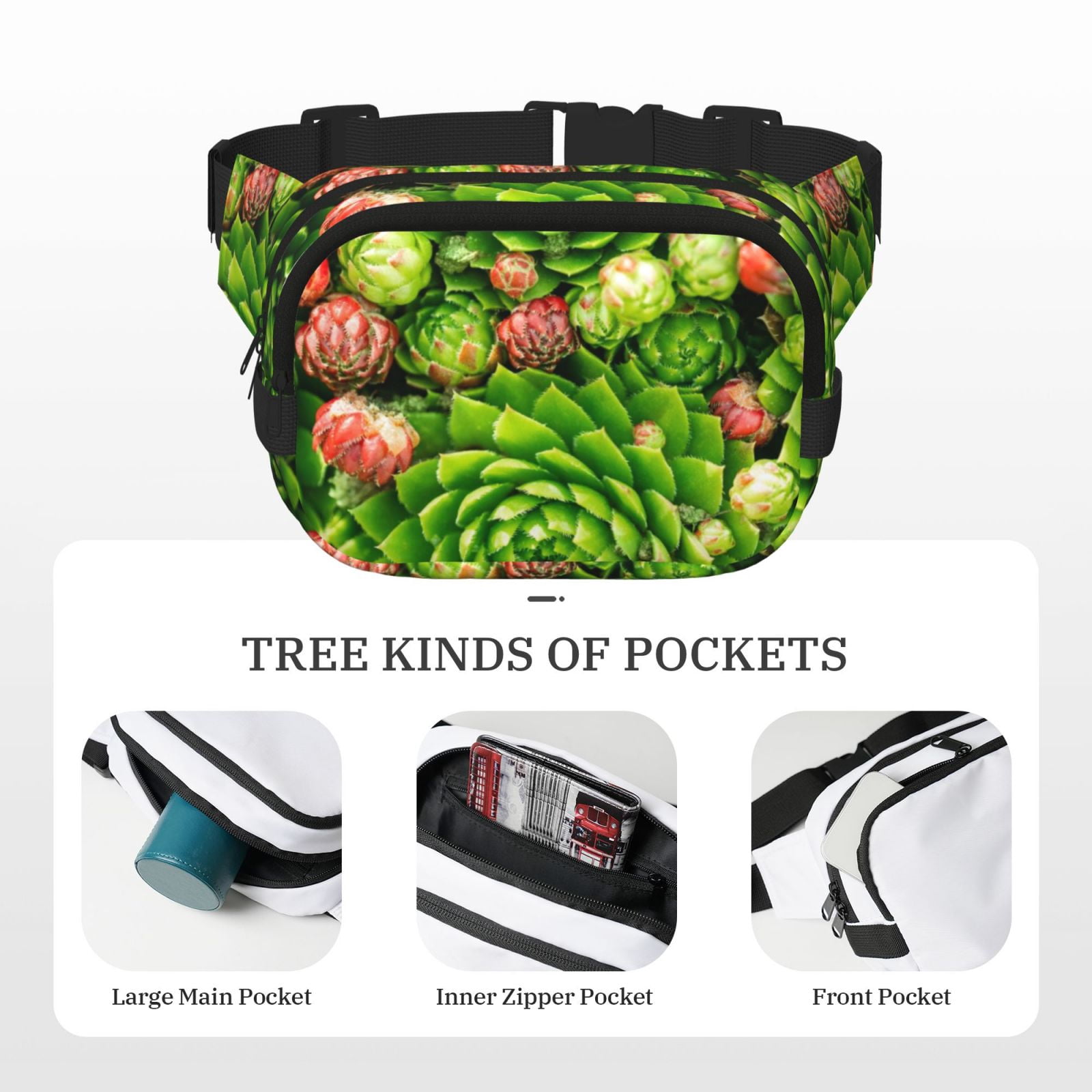 Picia Cactus And Succulents Print Square Double-Layer Waist Bag Mini Adjustable Waist Belt Bag Exercise Running Travel Hiking