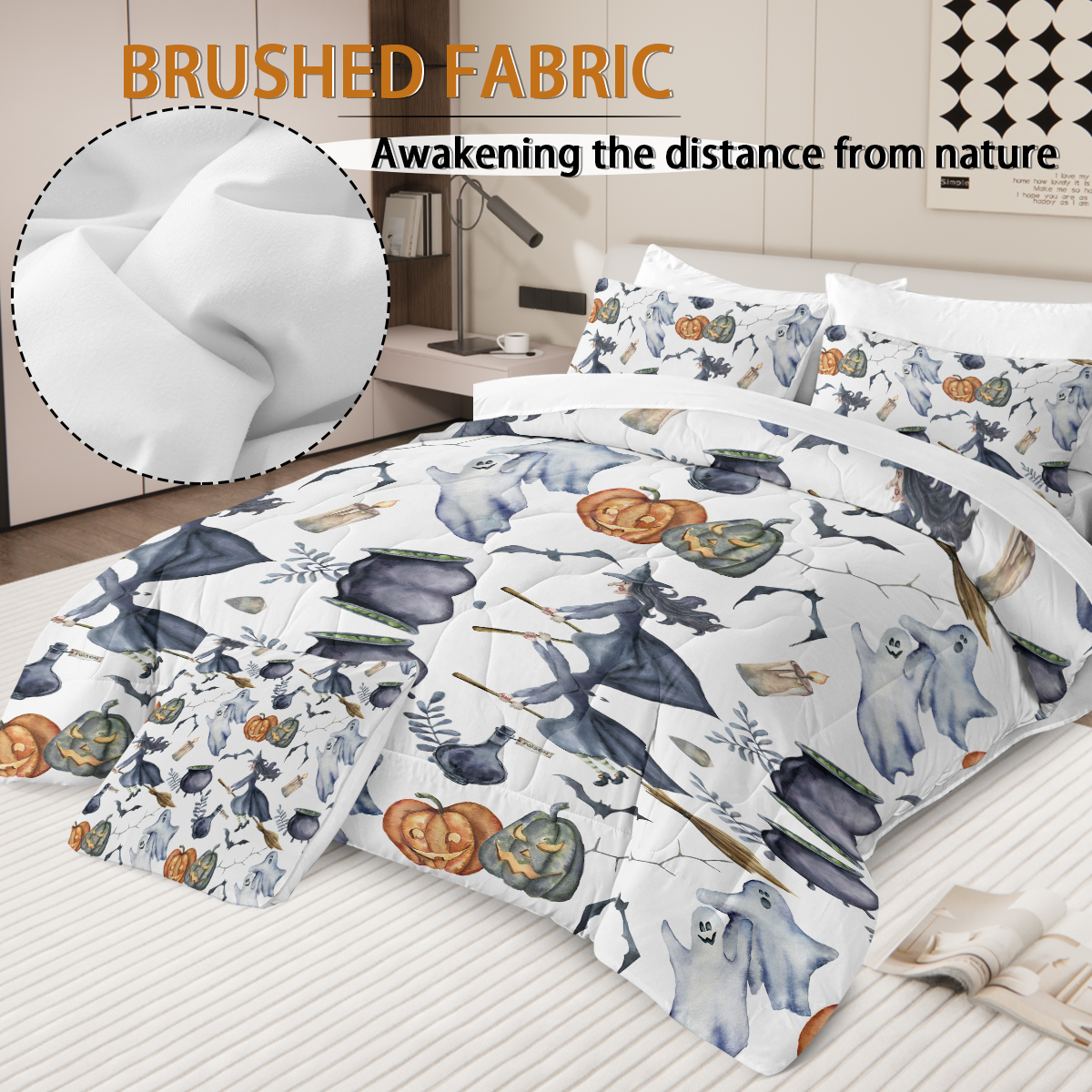 8PCS Halloween Comforter Set, Witch Pattern Bed in A Bag Bedding, 1 Comforter, 2 Pillow Shams, 1 Flat Sheet, 1 Fitted Sheet, 1 Cushion Cover, 2 Pillowcases King