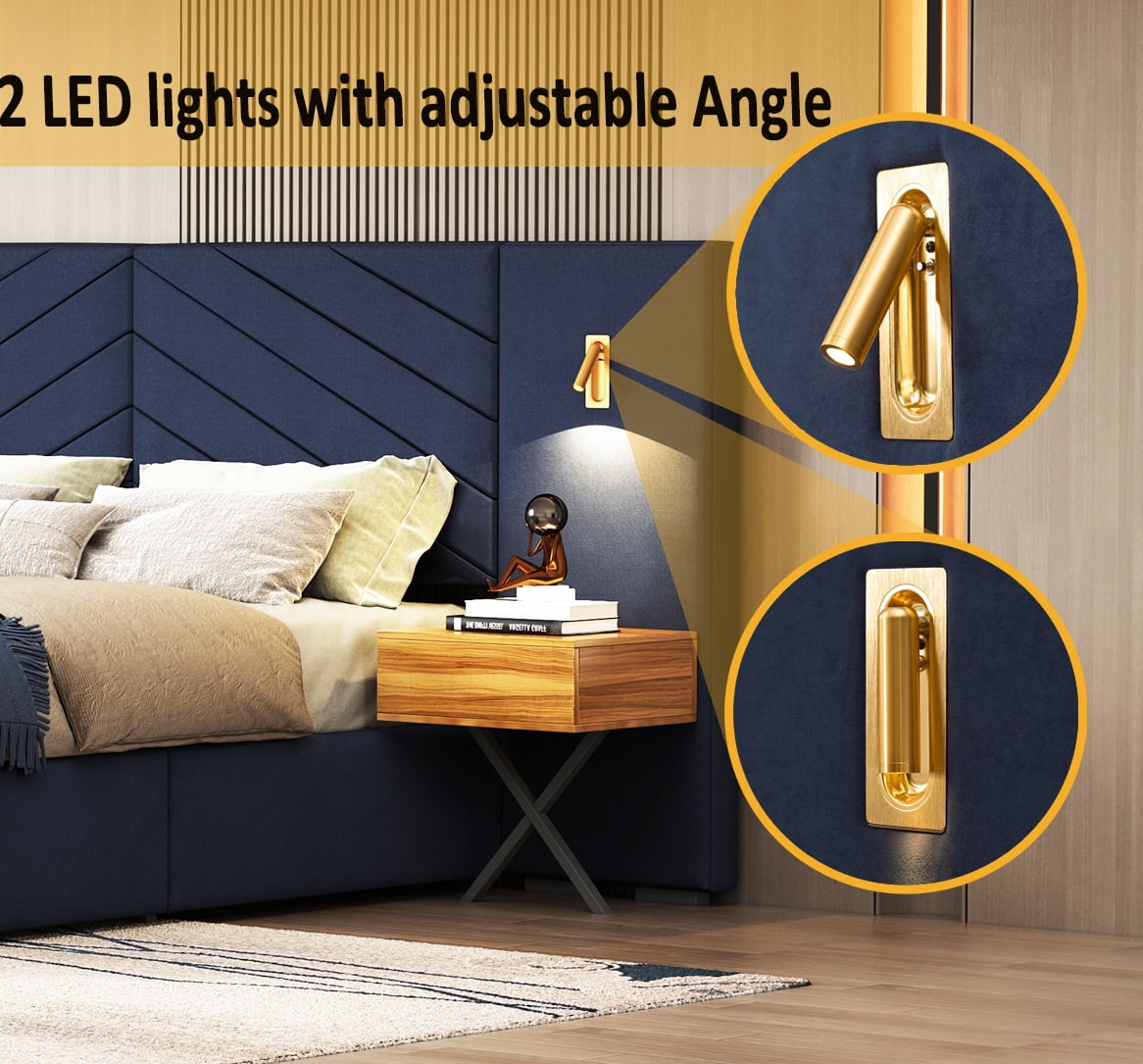 Aukfa Queen Size Upholstered Bed Frame with Nightstands and LED Lights, Platform Bed with Oversize Wingback Headboard, Blue