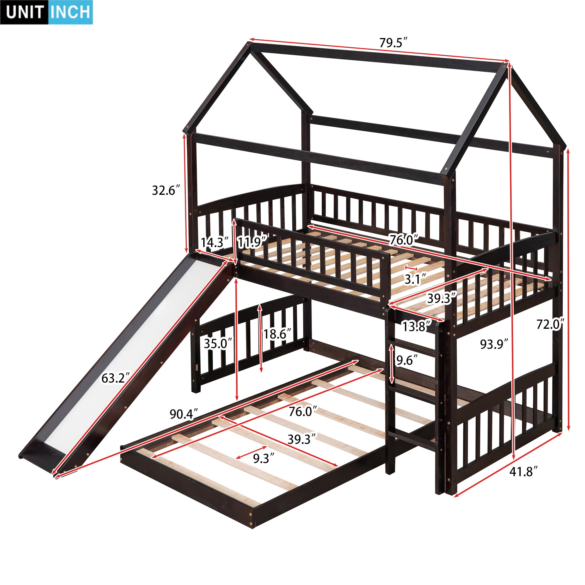 Aukfa Twin over Twin Bunk Bed with Slide, L-Shaped House Bunk Bed for Kids, Boys and Girls, Wooden - Espresso