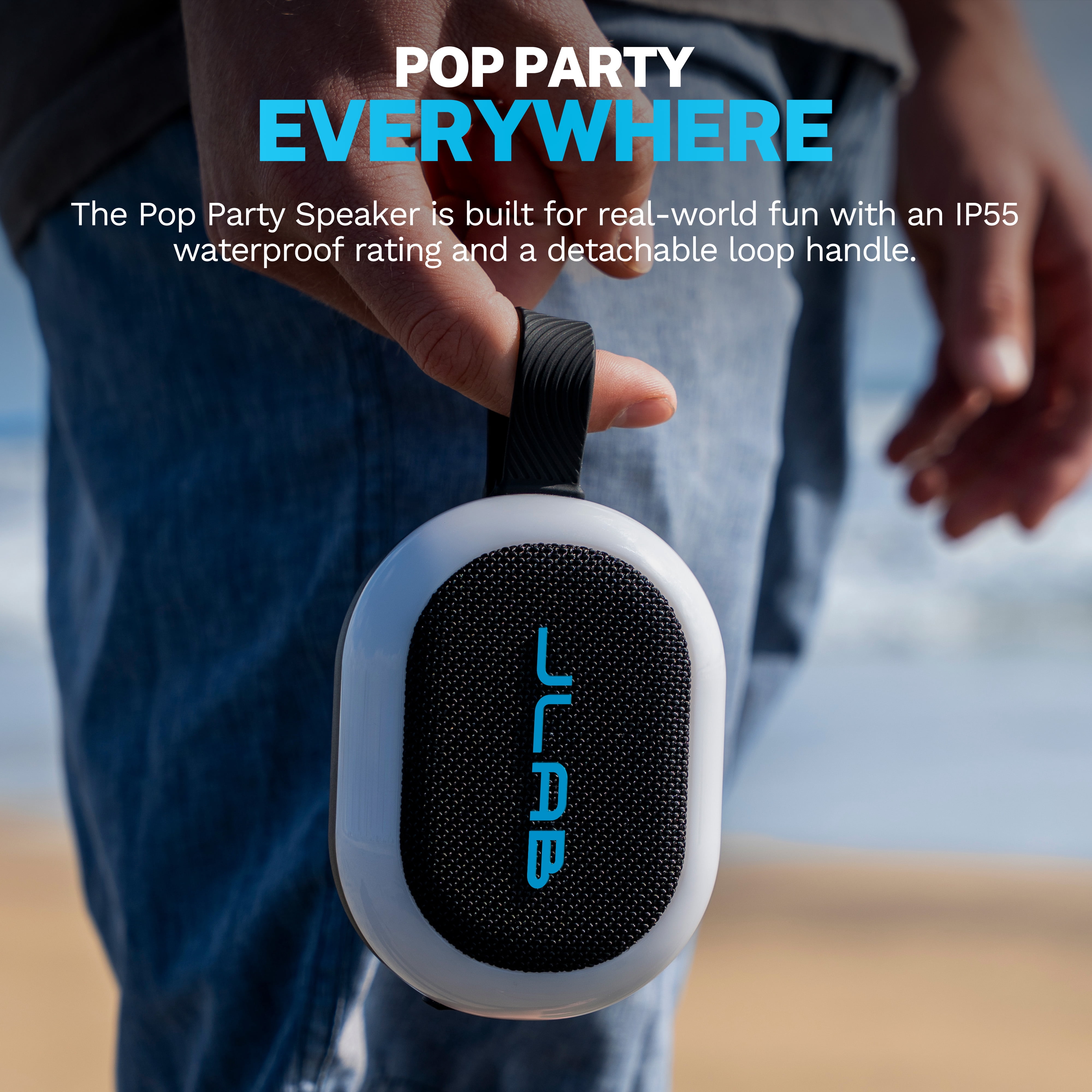 JLab Pop Party Portable Bluetooth Speaker, 5W, 8 Hour Playtime, RGB Lighting, Splashproof, Black