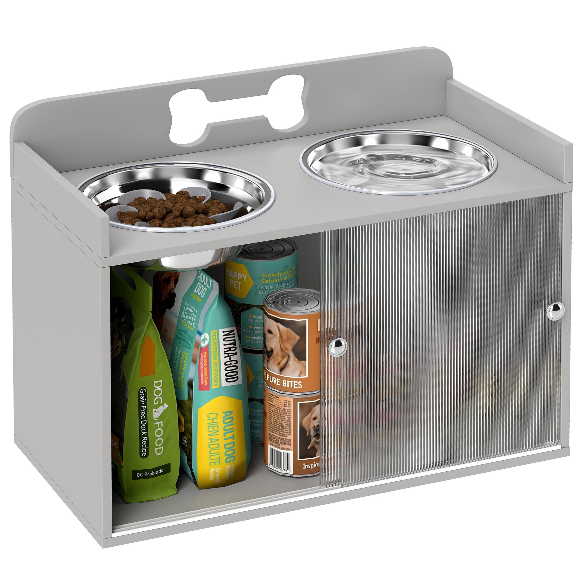 PawHut Elevated Dog Bowls with Storage, Raised Bowl Stand with 2 Stainless Steel Food Dishes and Slow Feeder, Pet Feeding Station for Large Dogs, Gray