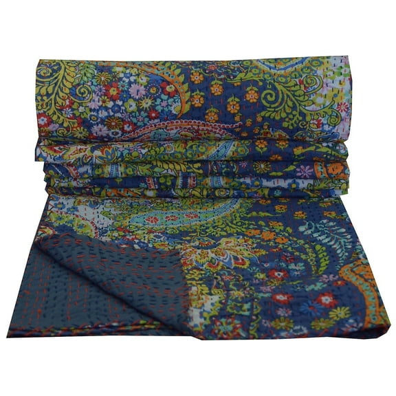 Indian Blue Paisley Print kantha Quilt Cotton Kantha Throw Kantha Blanket Handmade Quilt Double Size Kantha Bedspread