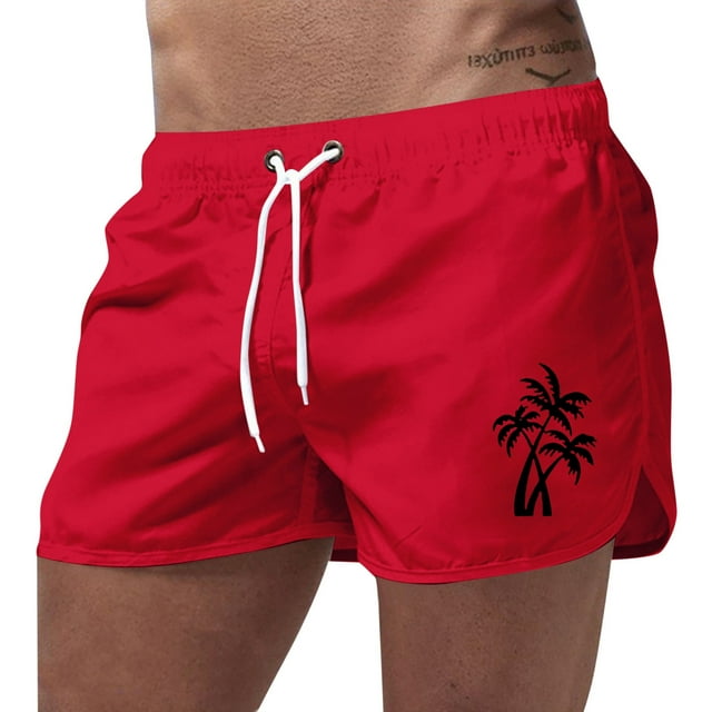 Board Shorts Summer Male Beach Sports Fashion Polyester Color Coconut Tree Print Shorts Beach Shorts Red S